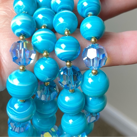 Beach Party Blue & White Swirled Double Strand Beaded Necklace - Vintage Estate - Picture 1 of 4